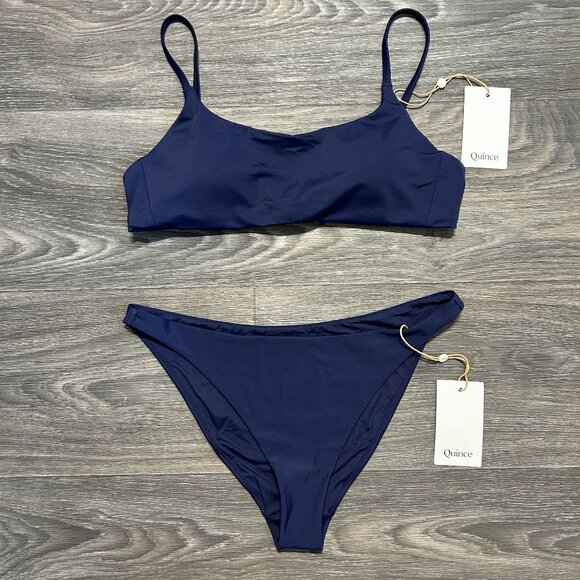 NWT Quince Small Italian Scoop Neck Bikini Tie Top Low Rise Bottom Deep Navy - Picture 1 of 9